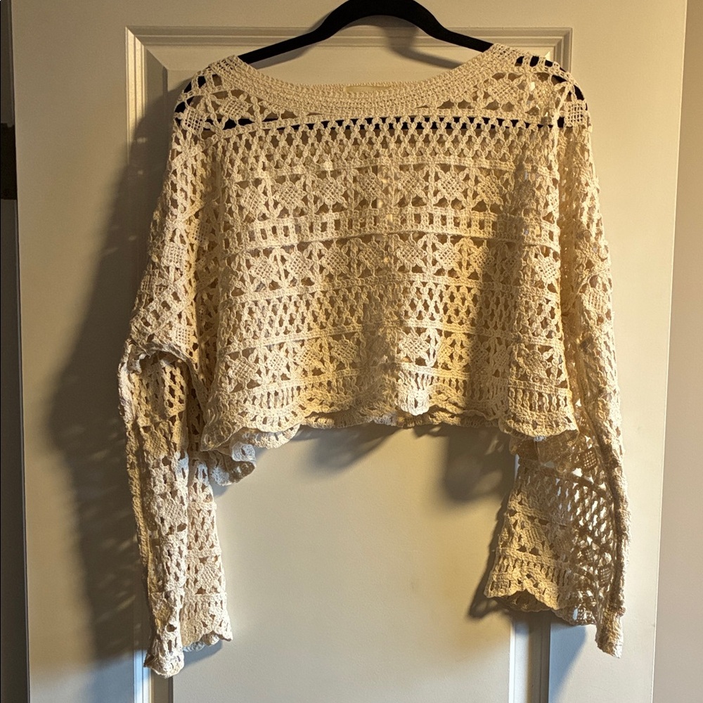 Cream Crochet Long Sleeve Crop Top